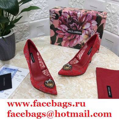 Dolce  &  Gabbana Heel 10.5cm Taormina Lace Pumps Red with Devotion Heart 2021